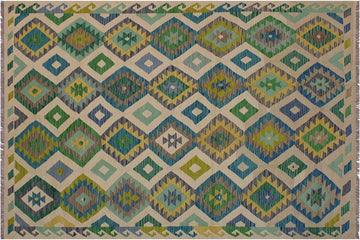 Flat Weave Kilim, Antique, Navaho, Vintage, Handmade, Geometric Kilim Ivory Green Hand-Woven Rectangle 100% Wool Area Rug 5 x 8